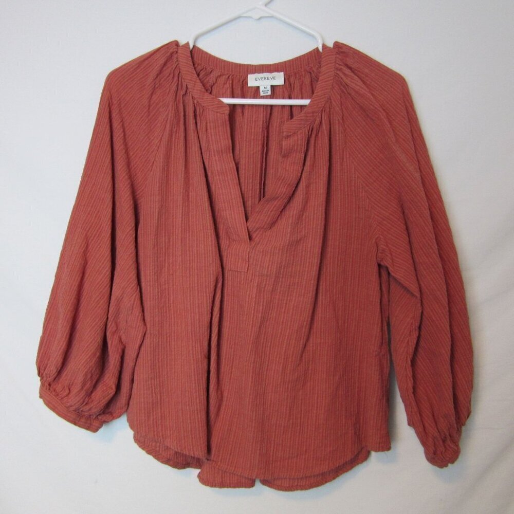 Evereve Blouse Orange Striped Peasant Cotton V-Neck Puff Sleeves Womens Medium